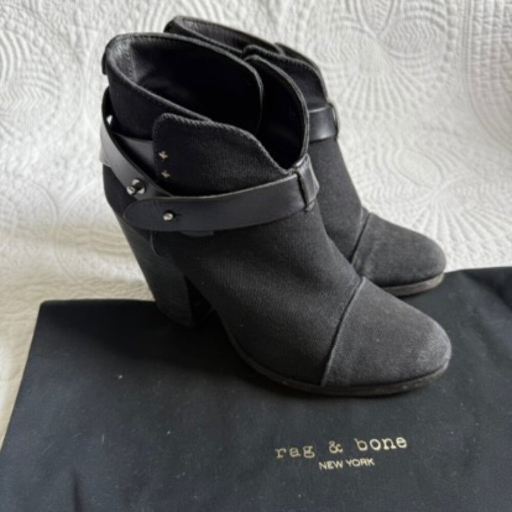 Rag Rag & Bone Harrow Black Canvas Leather Strap Ankle Booties Size 37 - Picture 10 of 12